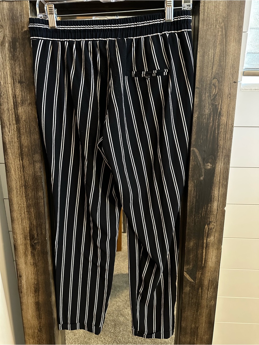 Be Cool Women’s M Striped Drawstring Ankle Pants Black White Pull On Tapered - Picture 2 of 5